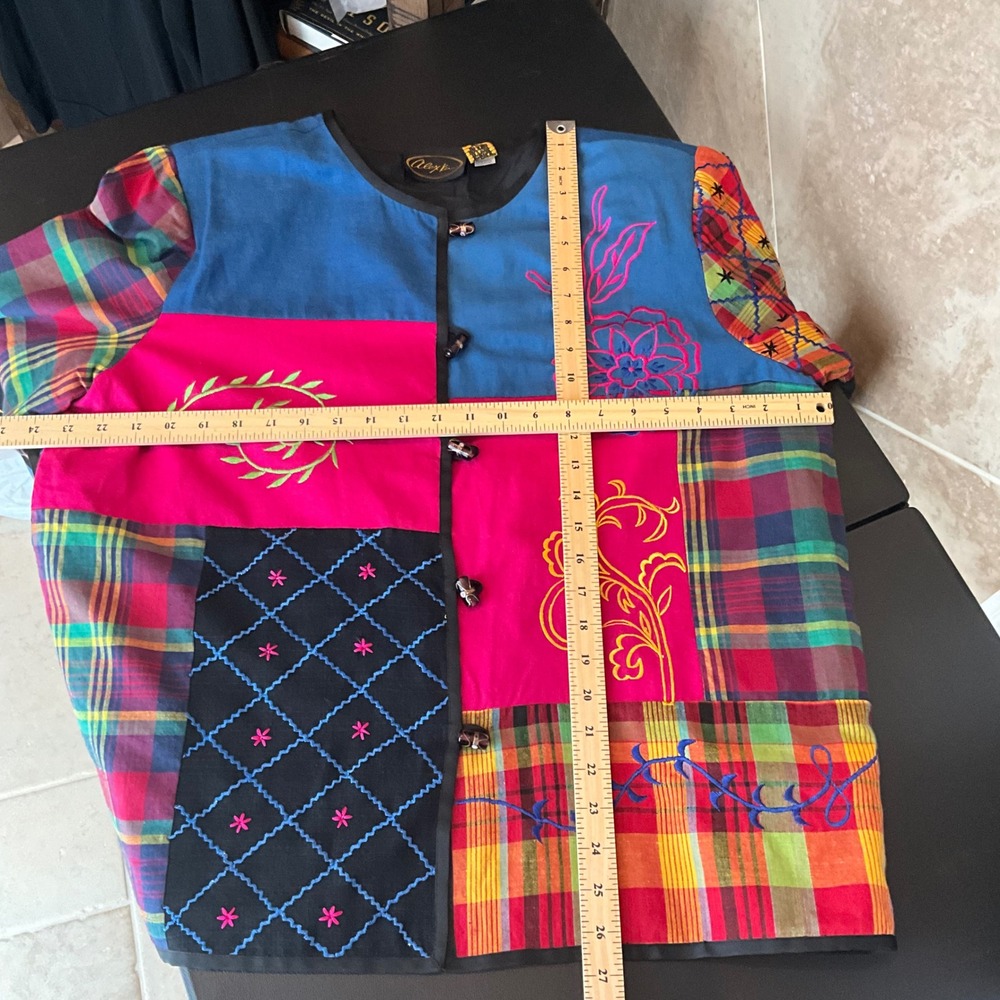 Alex Kim Patchwork Embroidered Jacket Blue Pink Plaid Artsy Boho XL - Picture 7 of 7